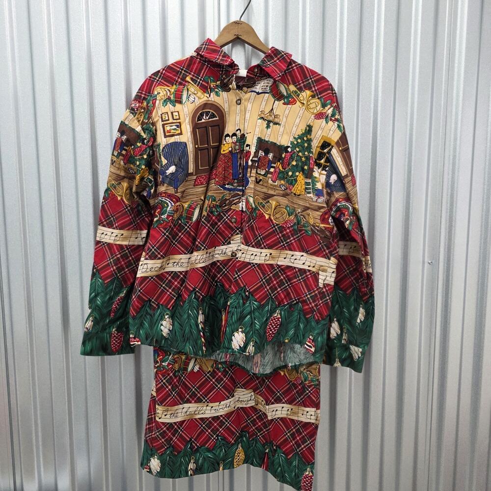 Vintage Sharon Young Shirt Skirt Set Women Christmas Holiday 90s Carolers Sz 14